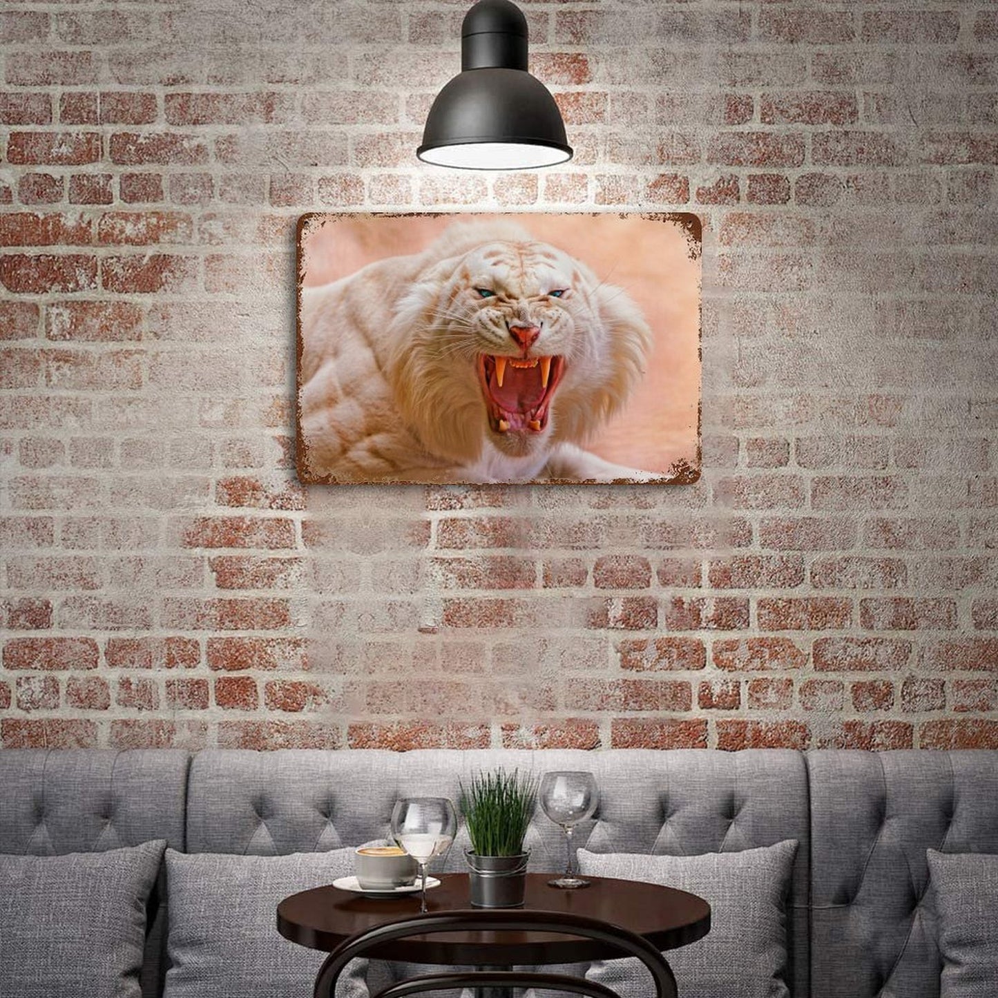 Vintage Roaring White Tiger Metal Wall Art Decor