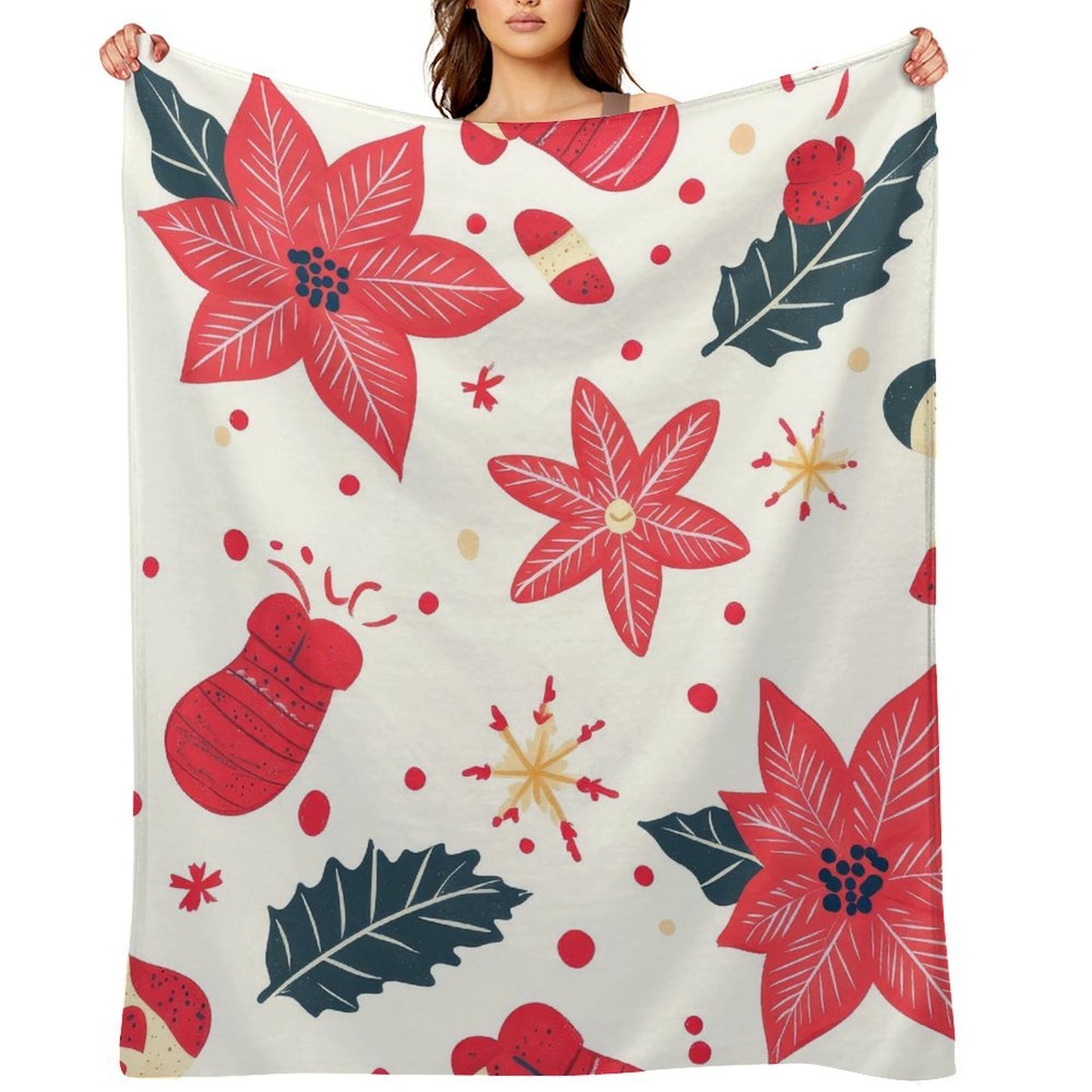 Soft Anti-Pilling Flannel Blanket with Red Christmas Flower Print