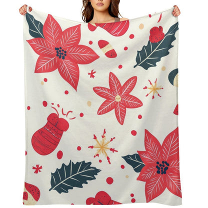 Soft Anti-Pilling Flannel Blanket with Red Christmas Flower Print