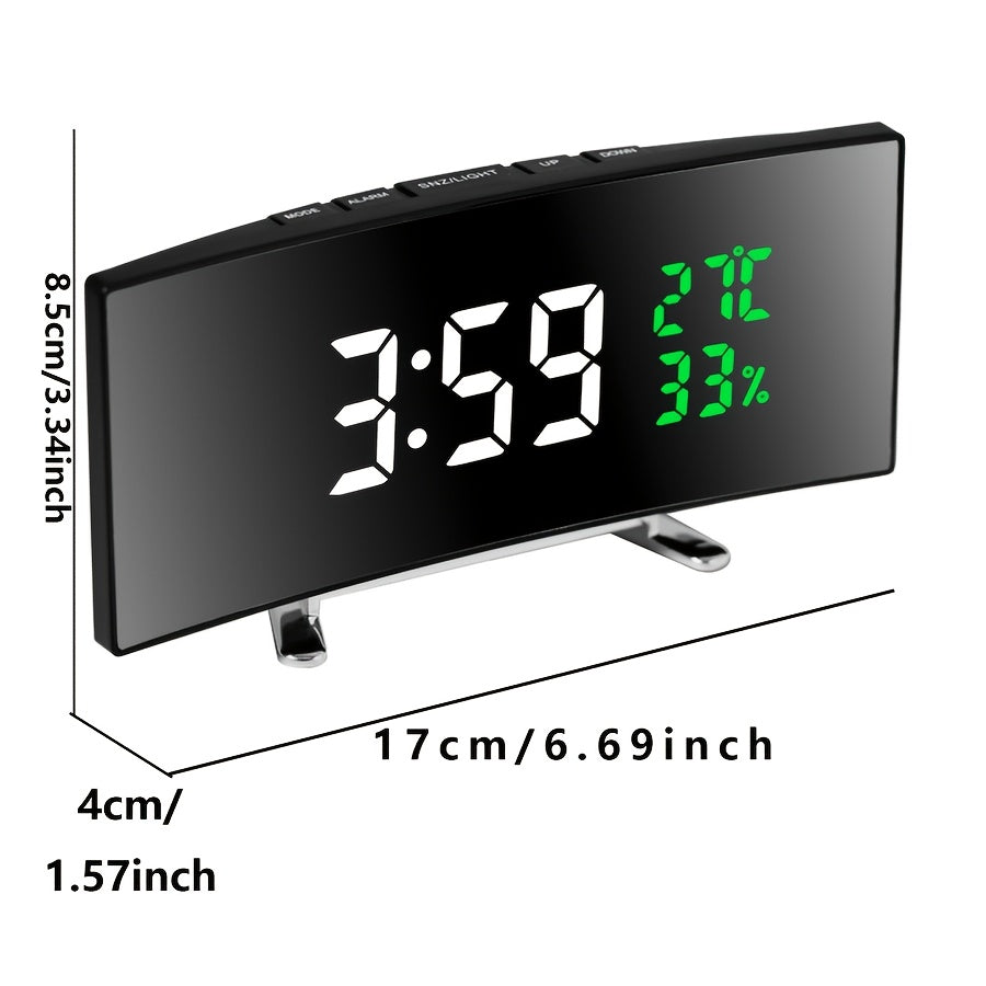 1pc Curved LED Alarm Clock with Large Display Screen Shows Time Temperature Humidity USB Powered Multifunctional Desk Clock
