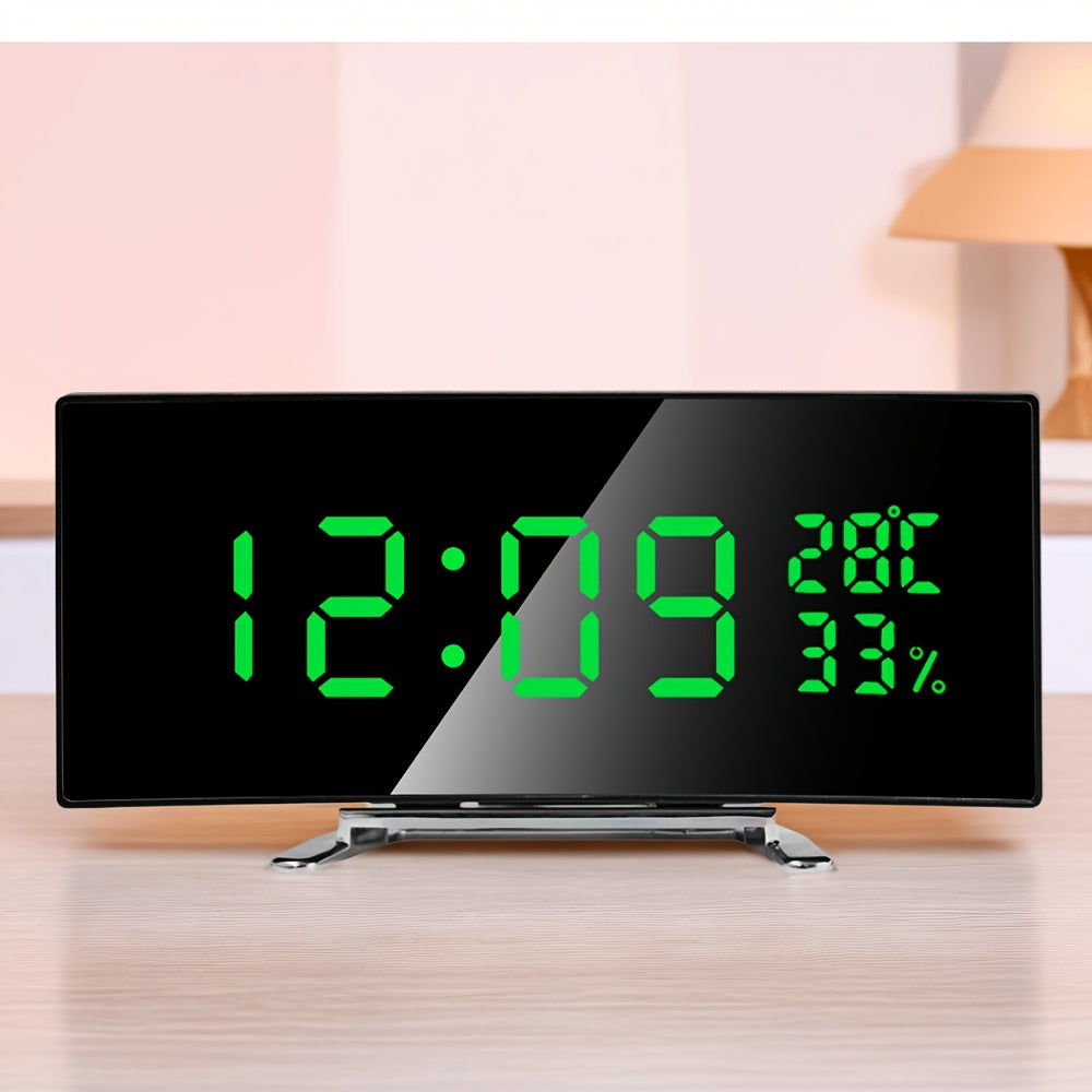 1pc Curved LED Alarm Clock with Large Display Screen Shows Time Temperature Humidity USB Powered Multifunctional Desk Clock