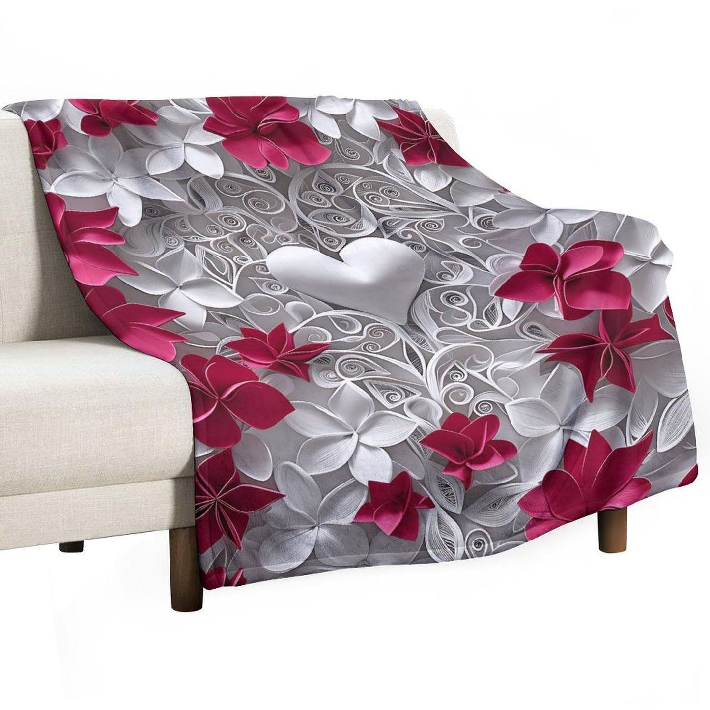 Soft Anti-Pilling Flannel Blanket with Heart and Red Floral Design