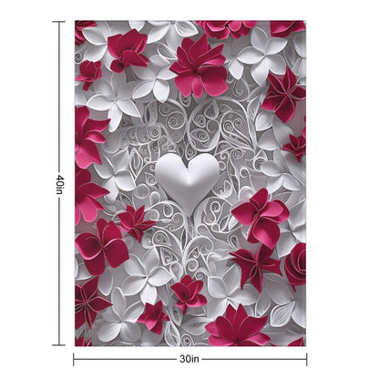 Soft Anti-Pilling Flannel Blanket with Heart and Red Floral Design