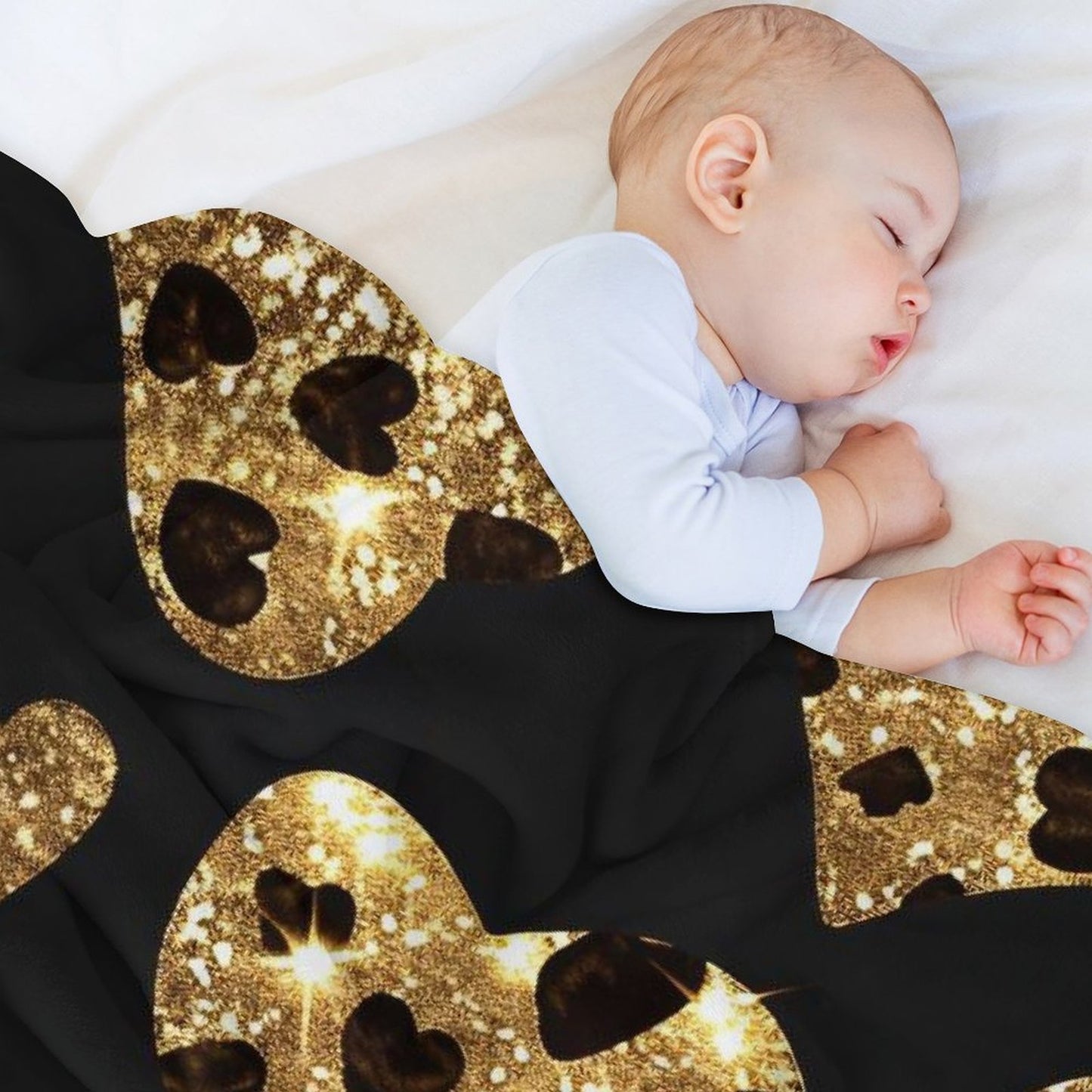 Anti-Pilling Flannel Blanket with Gold Glitter Heart Pattern Design