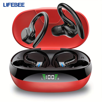 Wireless Sports Earbuds with Earhooks Active Noise Cancelling Dual-LED Display Pure Bass Built-in Microphone for Running