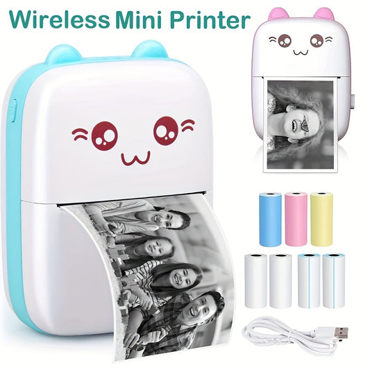 [USB Rechargeable Printer] Compact Portable Wireless Mini Thermal Printer With Cute Cat Design, 200Dpi, USB Rechargeable, Photo & Label Printing, Includes USB Cable & Inkless Kit, Ideal For Travel & Home Use, Photo Printing | Wireless Connectivity | USB R