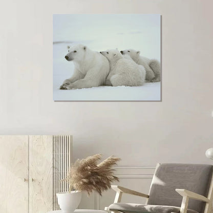 Polar Bear Family Resting on Snow Canvas Wall Art