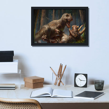 Dinosaur Battle Wall Art Black Frame Prehistoric Decor-4K