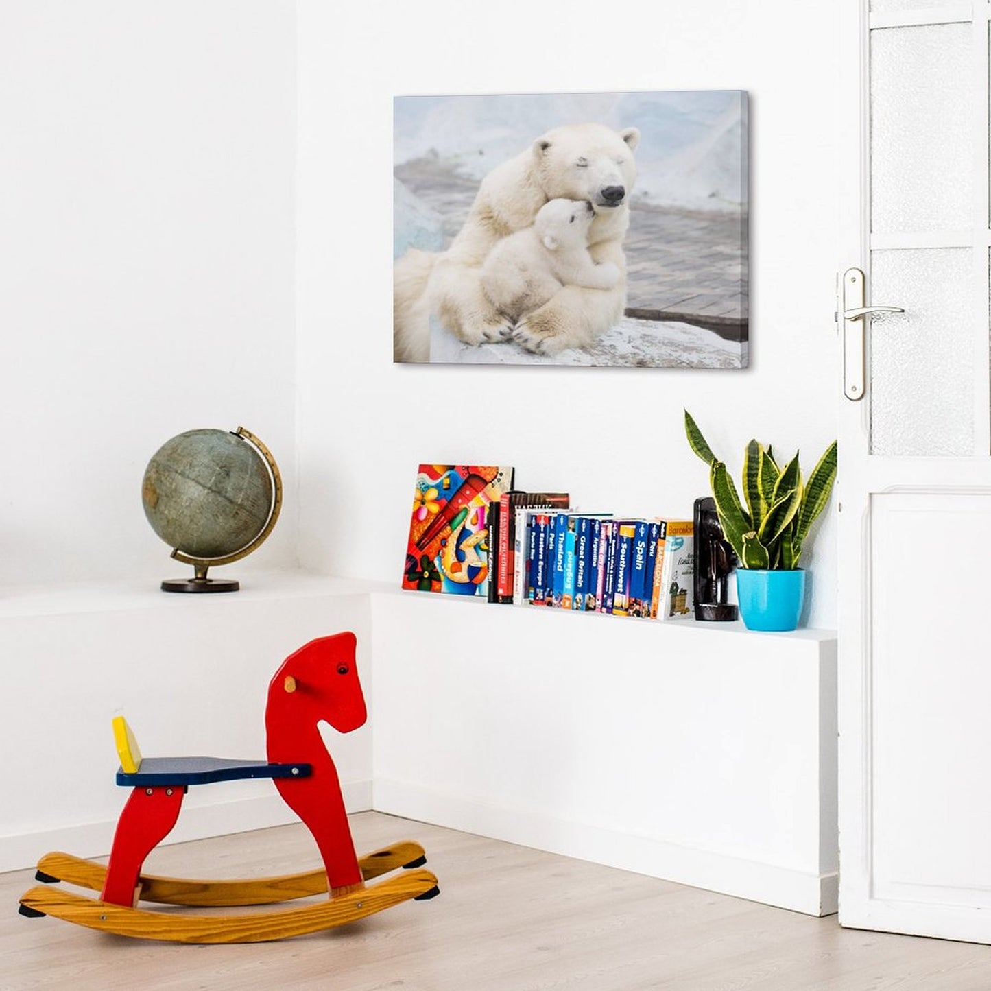 Polar Bear Family Hug Canvas Wall Art – Cozy Arctic Animal Painting for Home Decor