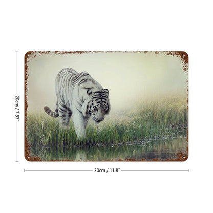 Vintage White Tiger by the Lake Metal Wall Art Decor