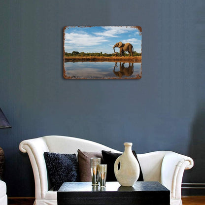 Vintage Elephant by the Water Metal Wall Art Decor