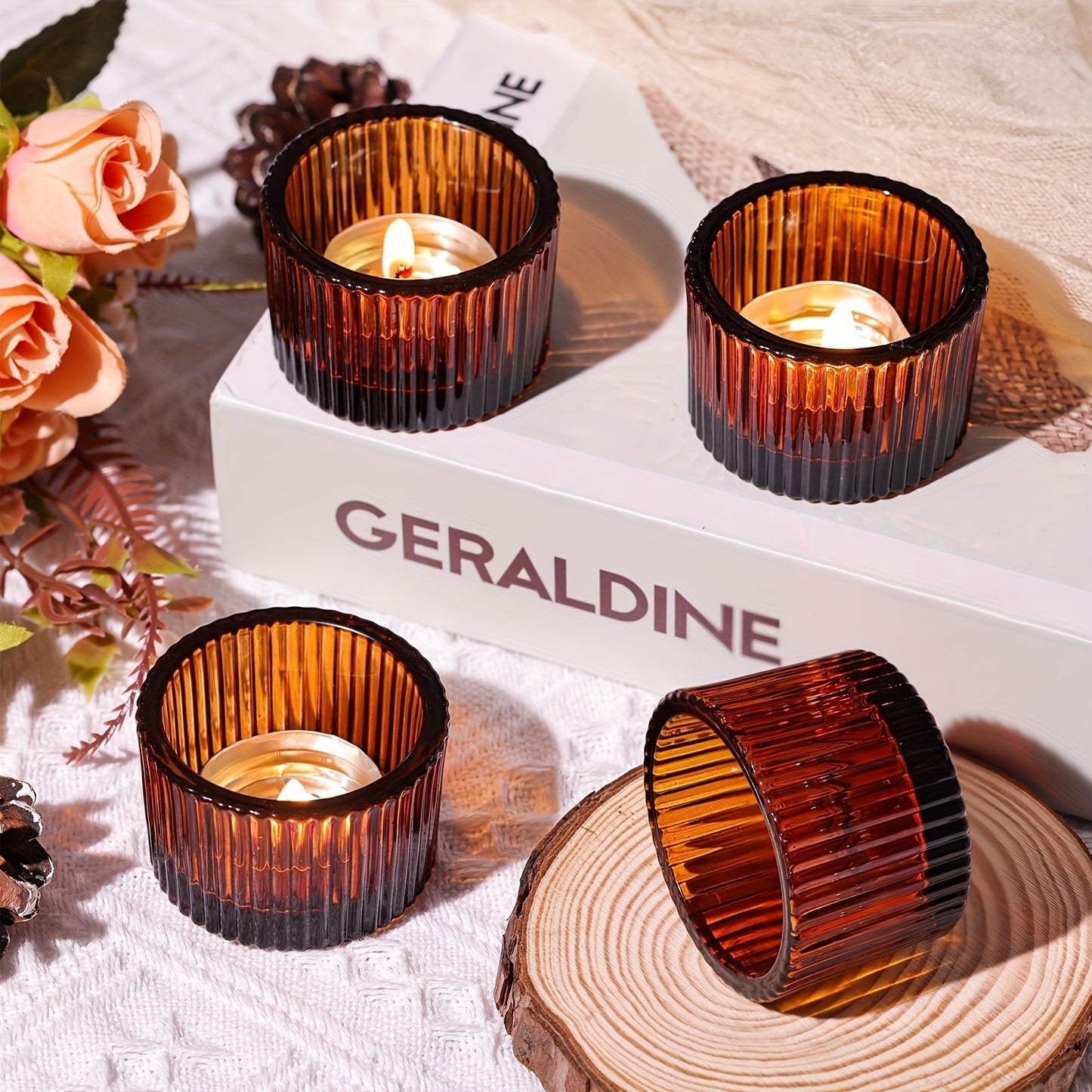 Amber Glass Tea Light Candle Holders Set of 2 Polished Surface Tabletop Decor Transparent Flame Candelabra for Home Wedding Party Decorations