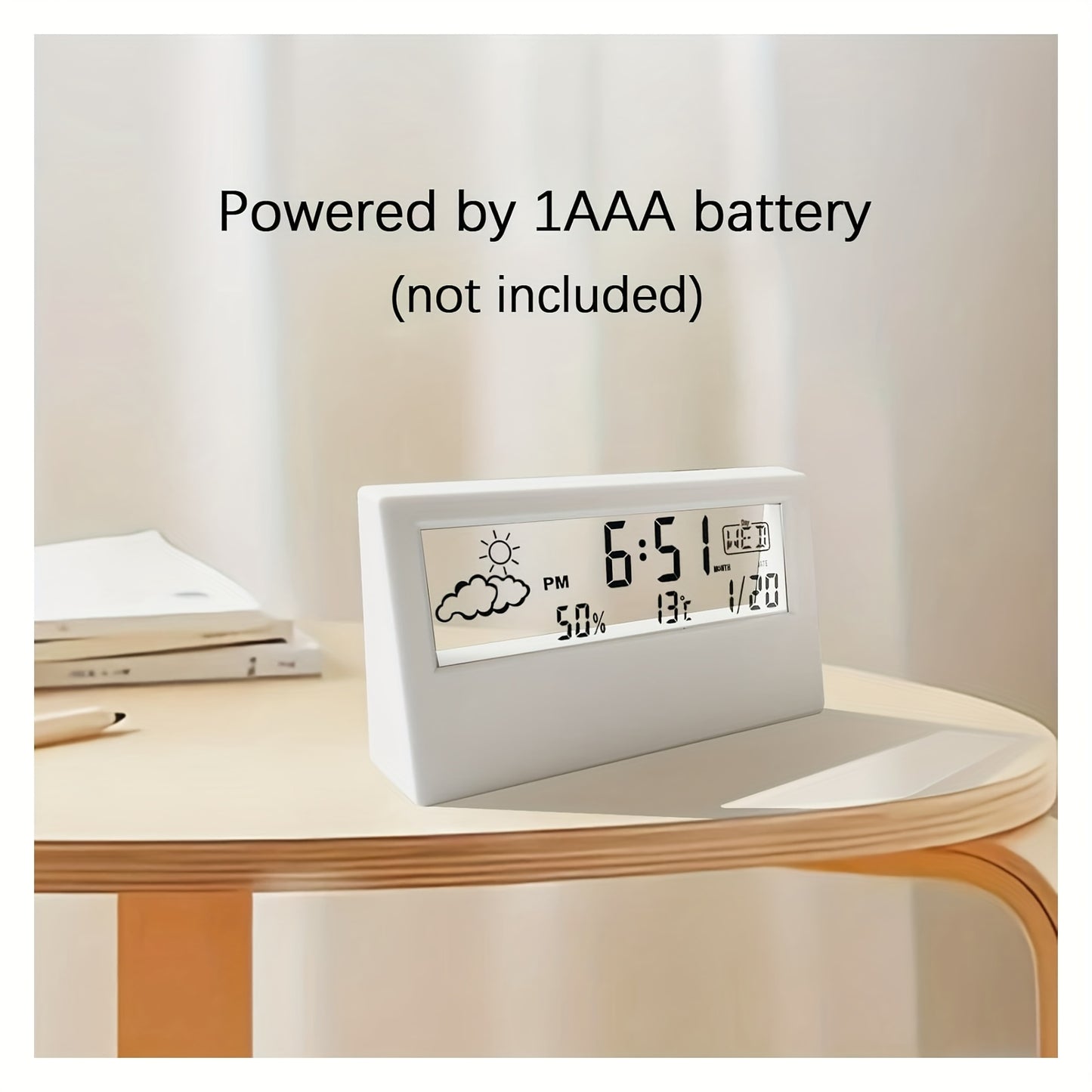 Square LED Digital Clock Silent Operation Transparent Case Temperature Humidity Display Snooze Function Weather Icons Battery Powered Home Office Decor