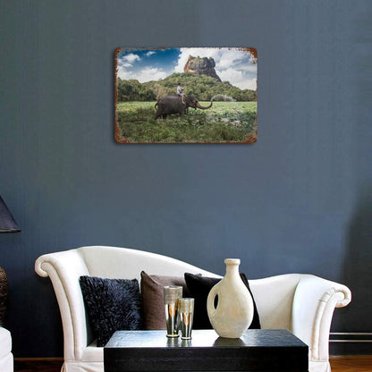 Vintage Elephant Ride Landscape Metal Wall Art Decor