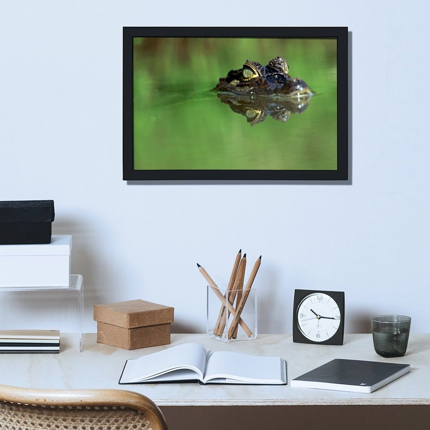 Crocodile in Water Wall Art Black Frame Wildlife Decor