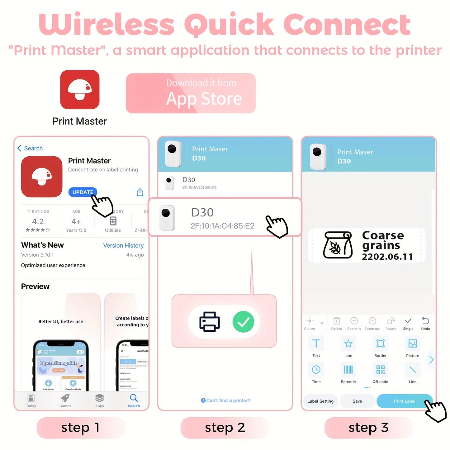 12x40mm Mini Portable Label Printer Phomemo D30 Inkless Handheld Label Maker for Jar Kitchen Clothes Jewelry Smartphone Tablet