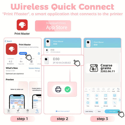 12x40mm Mini Portable Label Printer Phomemo D30 Inkless Handheld Label Maker for Jar Kitchen Clothes Jewelry Smartphone Tablet