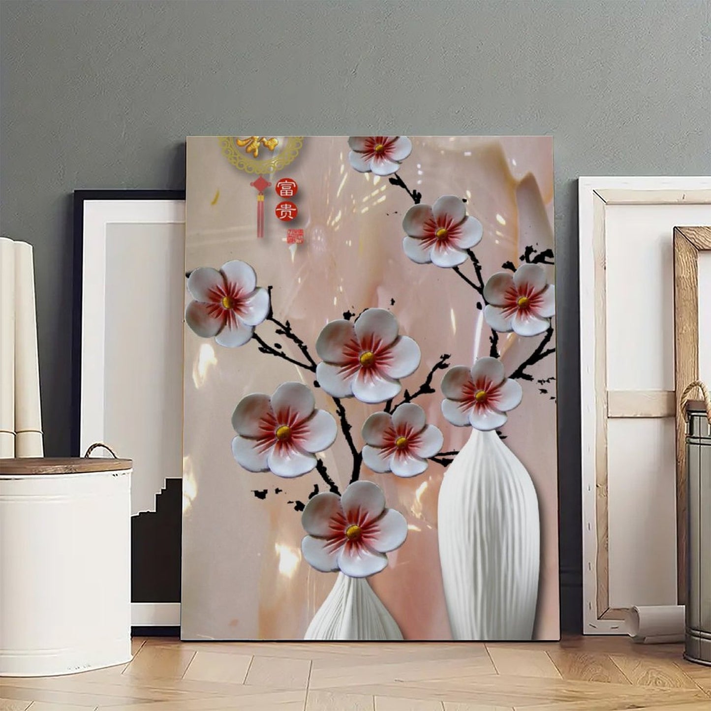 Beautiful plum blossoms are in full bloom on the wall as decoration for the painter's home 16