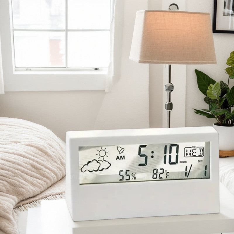 Square LED Digital Clock Silent Operation Transparent Case Temperature Humidity Display Snooze Function Weather Icons Battery Powered Home Office Decor