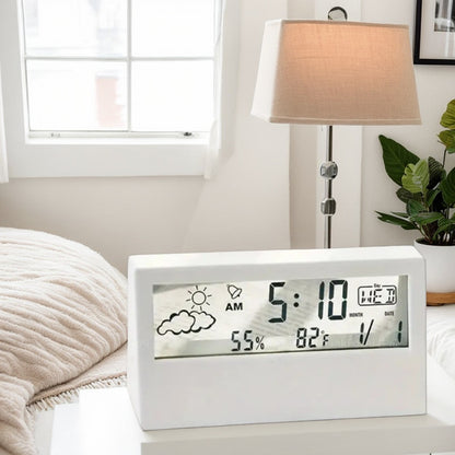 Square LED Digital Clock Silent Operation Transparent Case Temperature Humidity Display Snooze Function Weather Icons Battery Powered Home Office Decor