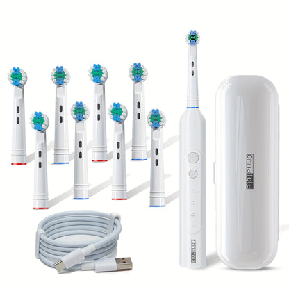 Adult Electric Toothbrush USB C Rechargeable with 8 Round Heads 3 Brush Sounds 600mAh Battery Travel Case Home Kit ORINATOLA