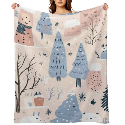 Anti-Pilling Flannel Blanket Winter Forest and Snowman Design