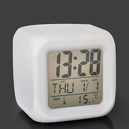 Color-Changing Alarm Clock with Thermometer Silent LED Night Light Date Display Square Battery Powered White for Bedrooms