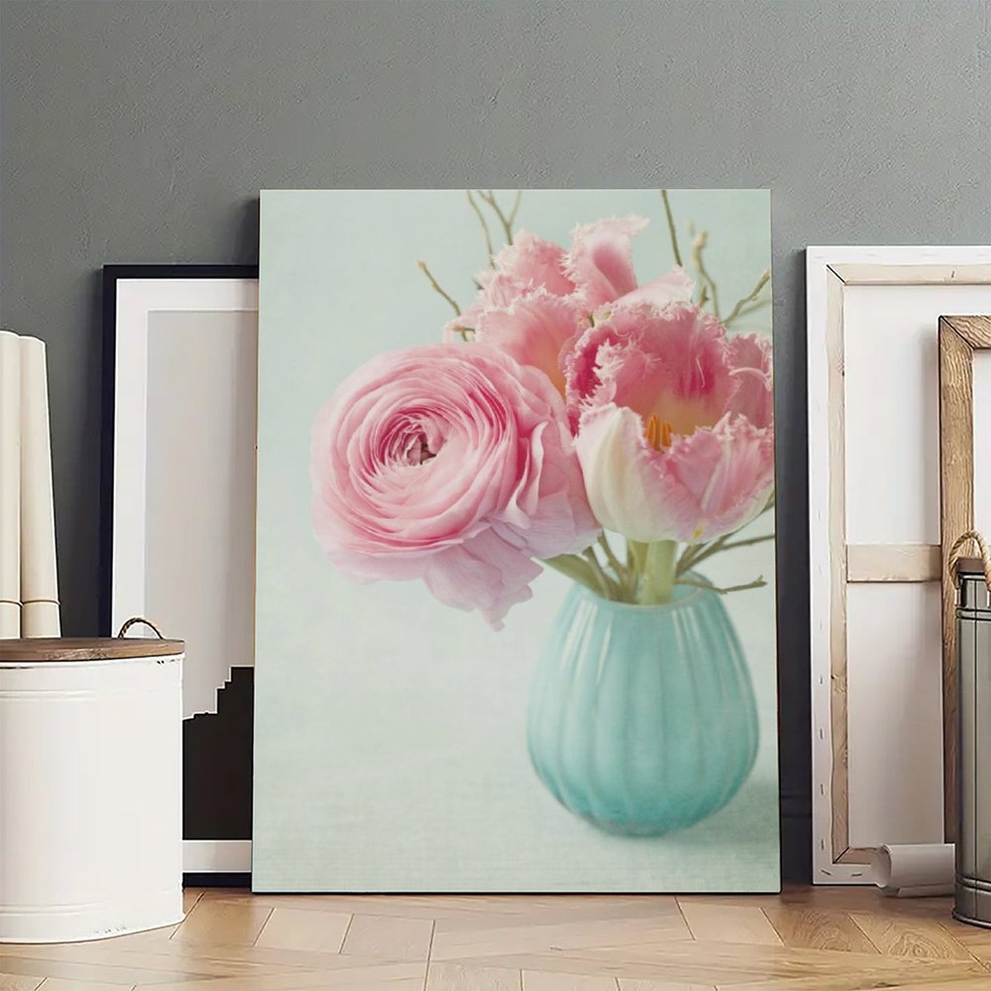 Pink Floral Wall Art with Blue Vase Canvas Painting - Flowers 32