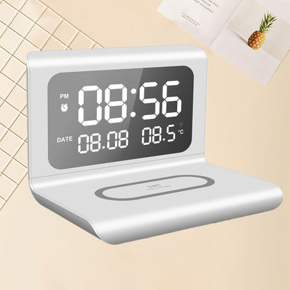 Multifunctional Wireless Charging Station Time Temperature Alarm Clock for Bedroom Desk Works with iPhone 16 15 14 13 12 11 Series AirPods Pro 2 3 4 Samsung S25 S23 S22 S21 S20 Galaxy Buds