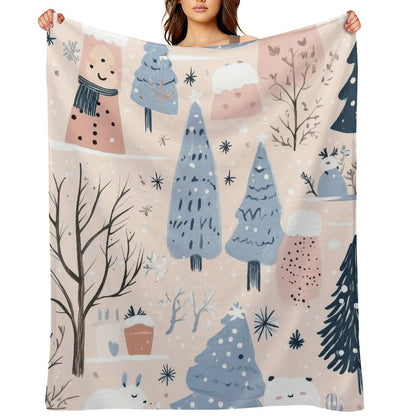 Anti-Pilling Flannel Blanket Winter Forest and Snowman Design