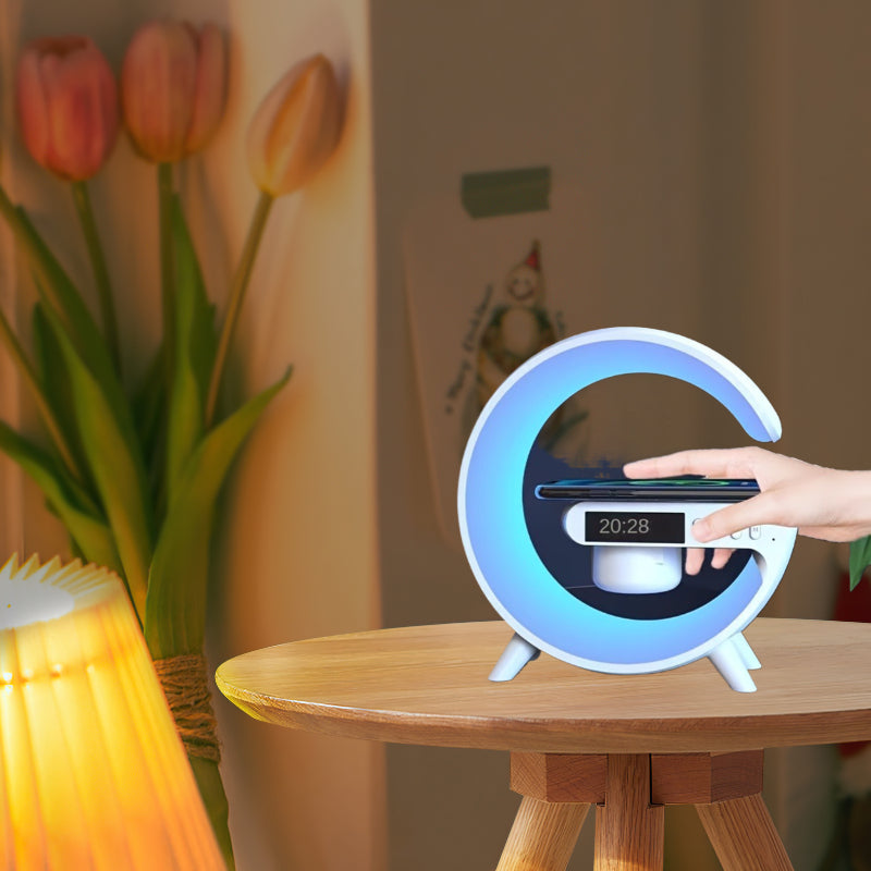 Multifunctional Table Lamp Speaker Wireless Charging RGB LED Lights Hi-Fi Speaker with Alarm Clock Time Display TF Card Support