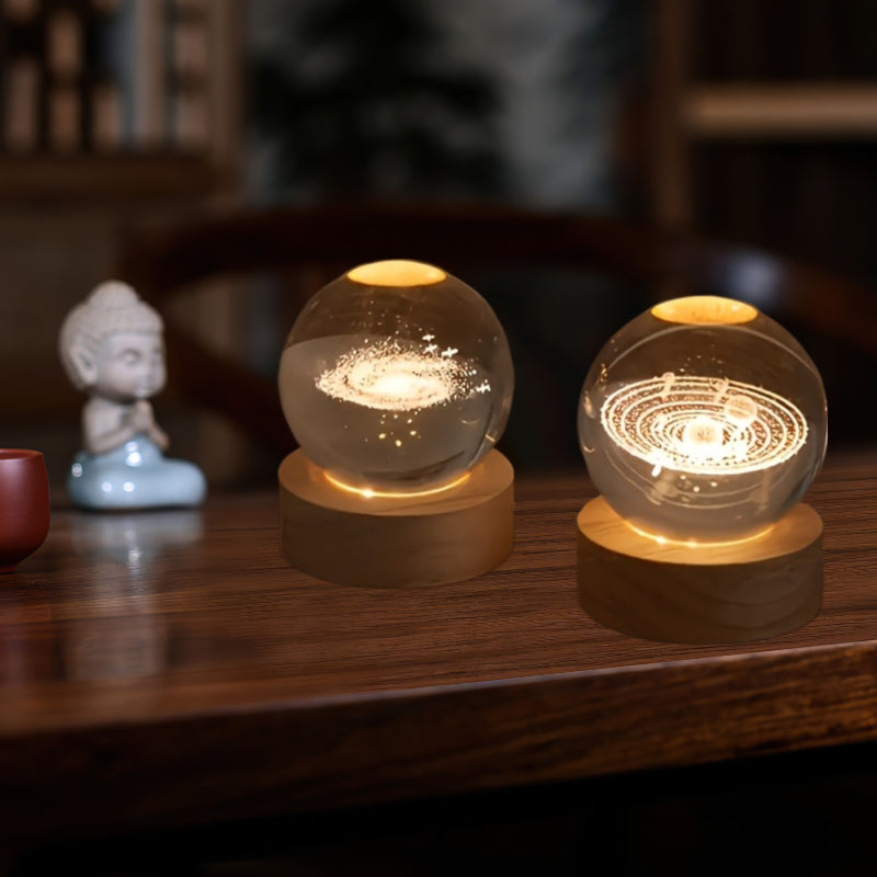 Unique 3D Crystal Ball Night Light USB Powered Wooden Base LED Lamp for Bedroom Office Gift