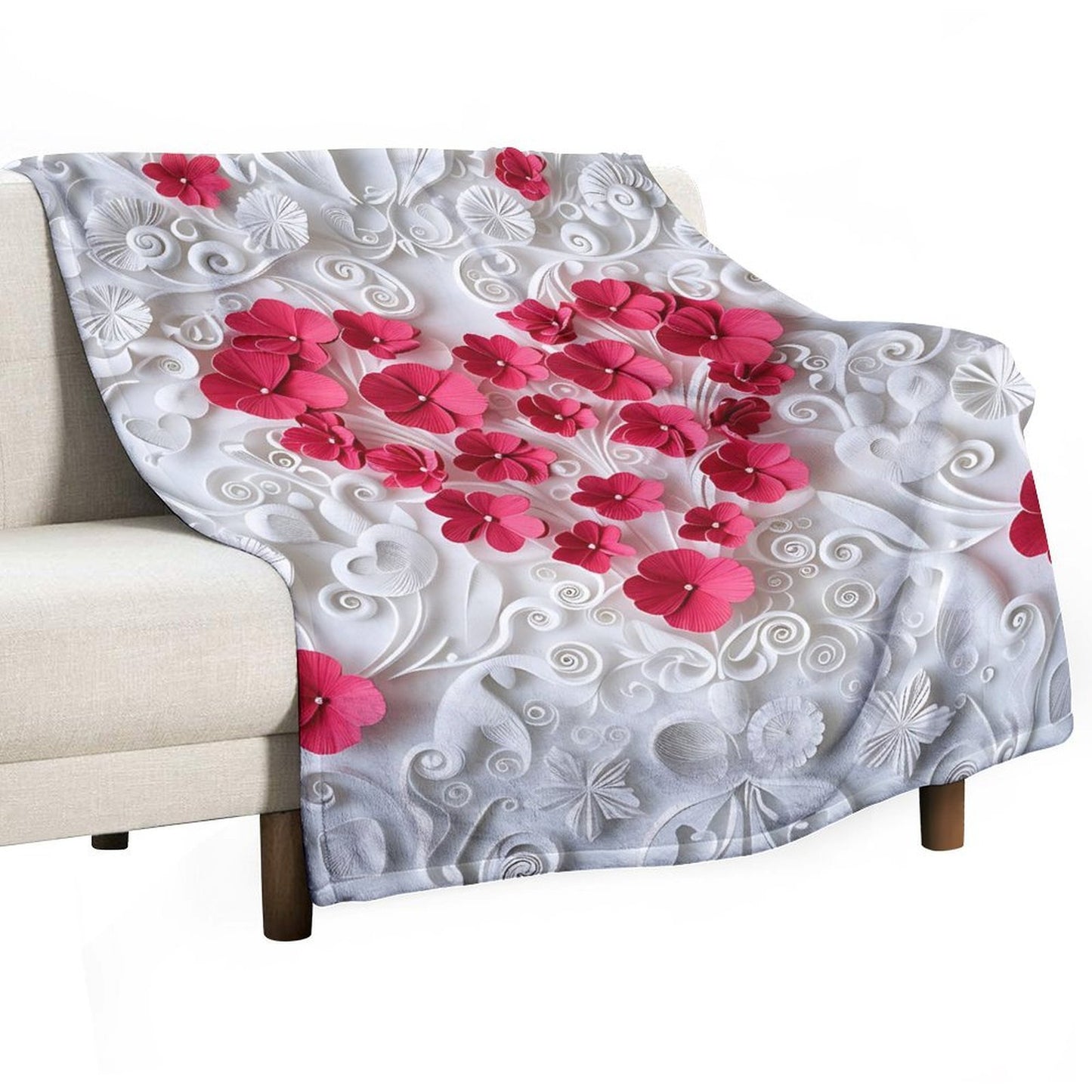 Anti-Pilling Flannel Blanket with 3D Pink Heart Floral Design