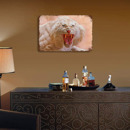 Vintage Roaring White Tiger Metal Wall Art Decor