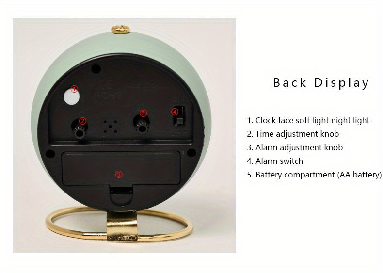 Luminous Desk Clock Battery Powered Silent Round Metal Nordic Alarm Clock with Glowing Hands for Bedroom Office Decor