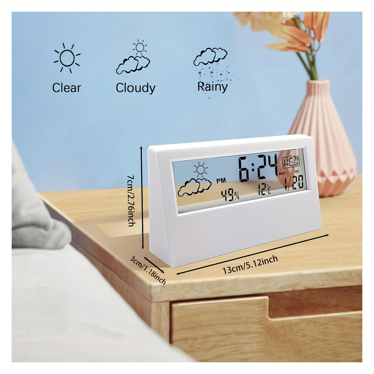 Square LED Digital Clock Silent Operation Transparent Case Temperature Humidity Display Snooze Function Weather Icons Battery Powered Home Office Decor
