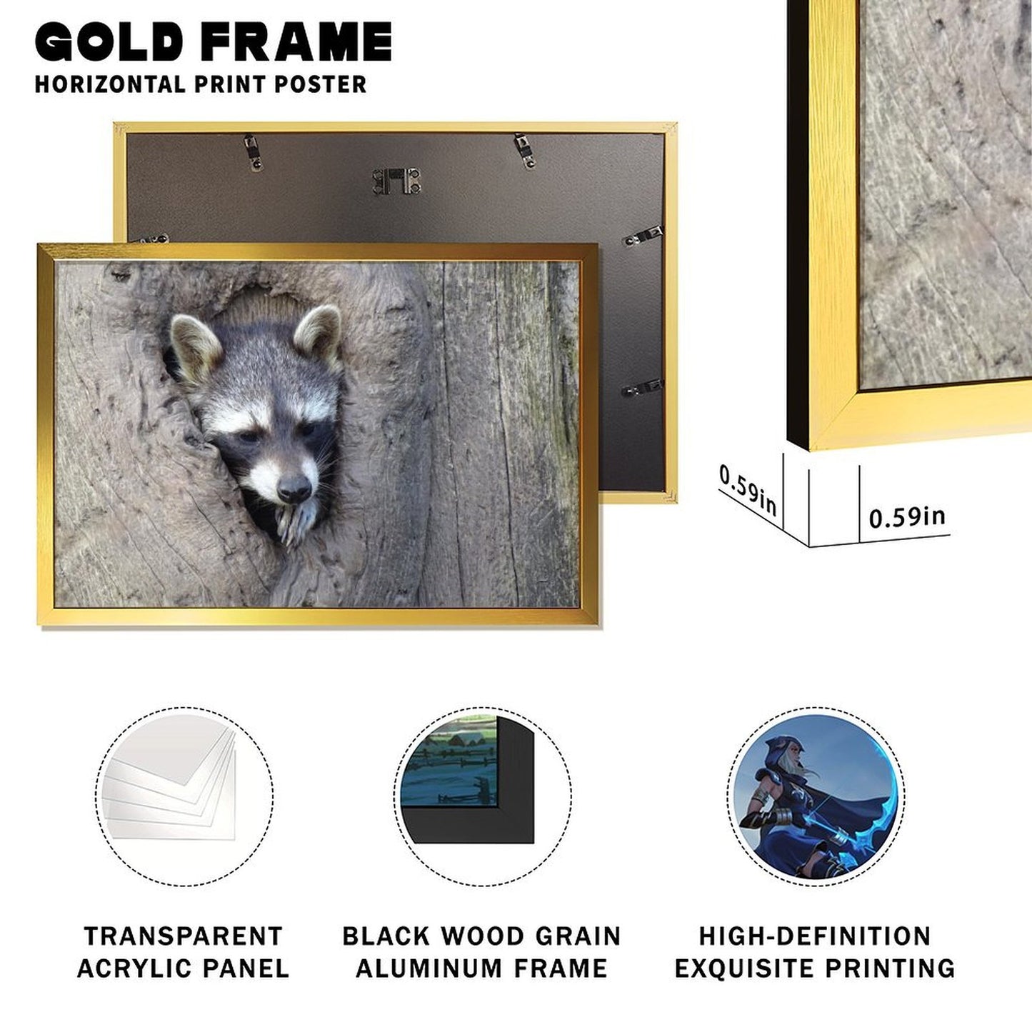 Animal Wall Picture Raccoon in Tree Hole Gold Frame-10