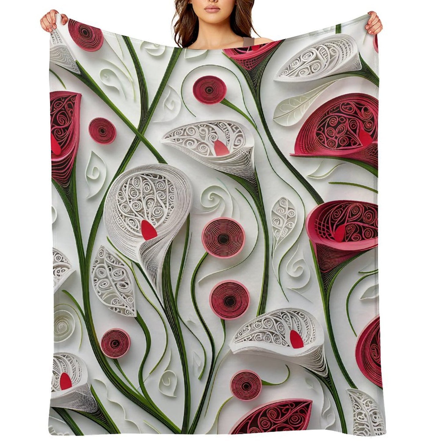 Anti-Pilling Flannel Blanket with 3D Red and White Floral Design
