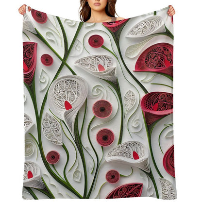 Anti-Pilling Flannel Blanket with 3D Red and White Floral Design