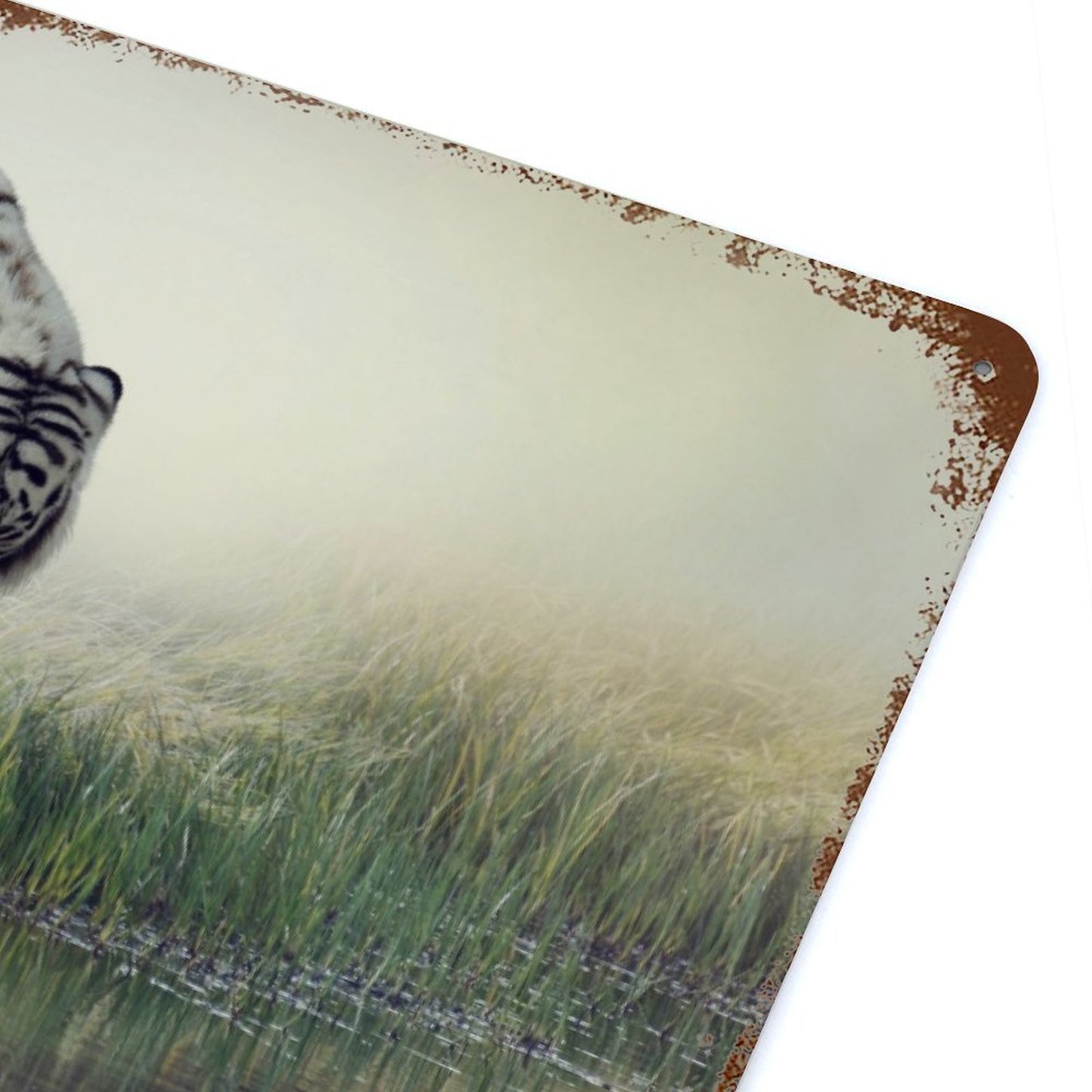 Vintage White Tiger by the Lake Metal Wall Art Decor