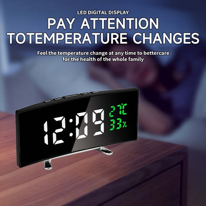 Multi-function LED Curved Large Screen Alarm Clock with Time Temperature Humidity Display Desktop Clock DC Plug-in or Battery Powered Home Decor