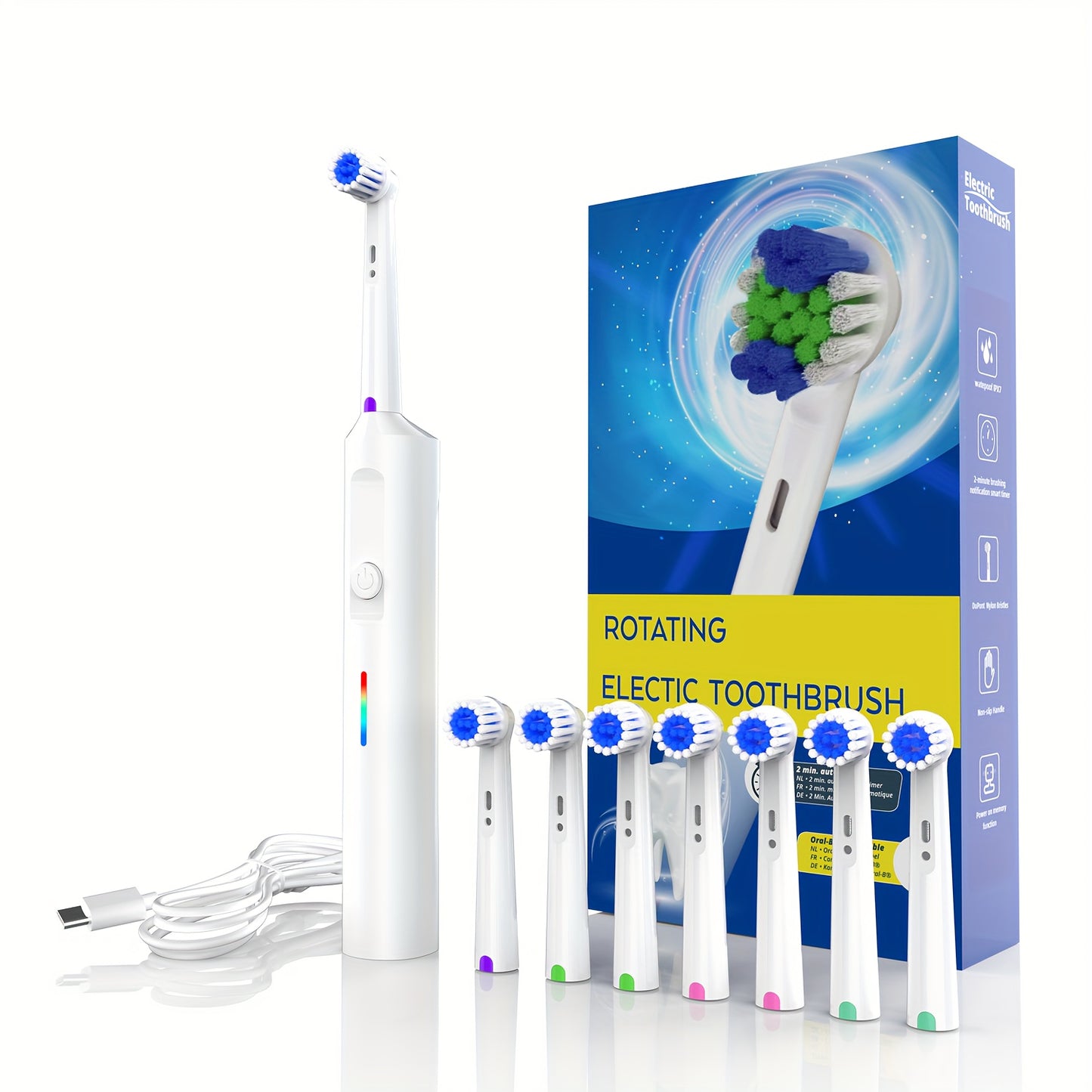 Electric Toothbrush for Men Women 3 Modes Rotating 4/8 Brush Heads Type-C Charging Deep Cleaning Soft Bristles IPX7 Waterproof Tongue Scraper
