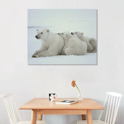 Polar Bear Family Resting on Snow Canvas Wall Art