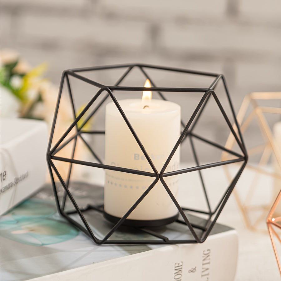 Black Metal Geometric Candle Holder with Rose and Starry Sky Design - Elegant Minimalist Tabletop Decor for Home Ambiance and Aromatherapy