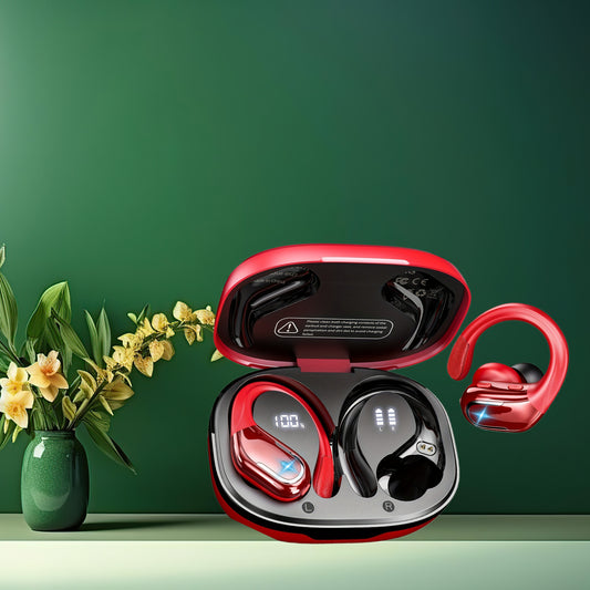 Wireless Earbuds Earhooks Pure Bass Noise Cancelling Headset Dual-LED Display Built-in Mic for Sports Running