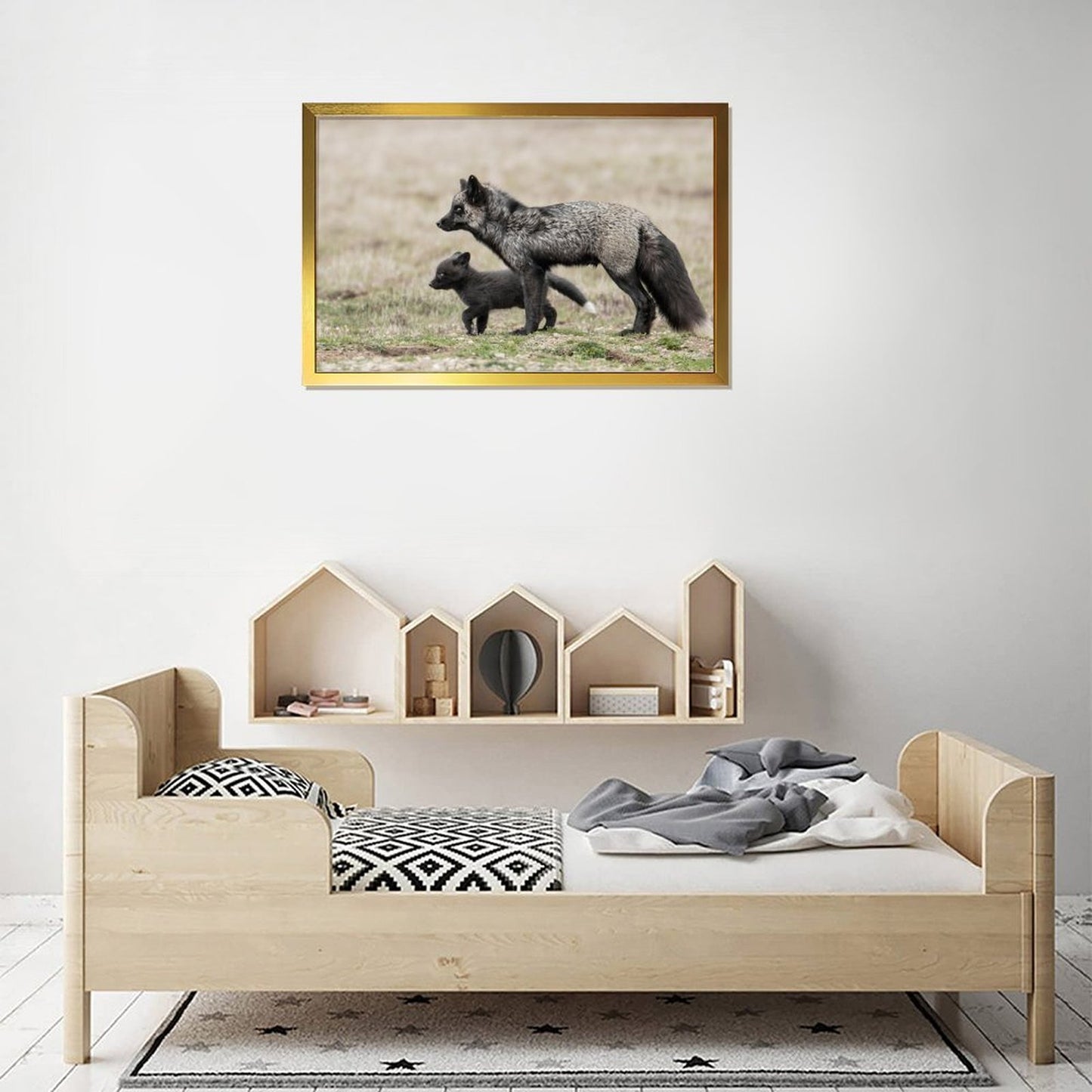 Nordic Fox Wall Picture Animal Art in Golden Frame