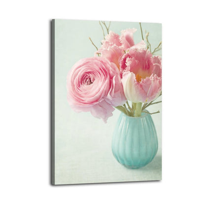 Pink Floral Wall Art with Blue Vase Canvas Painting - Flowers 32