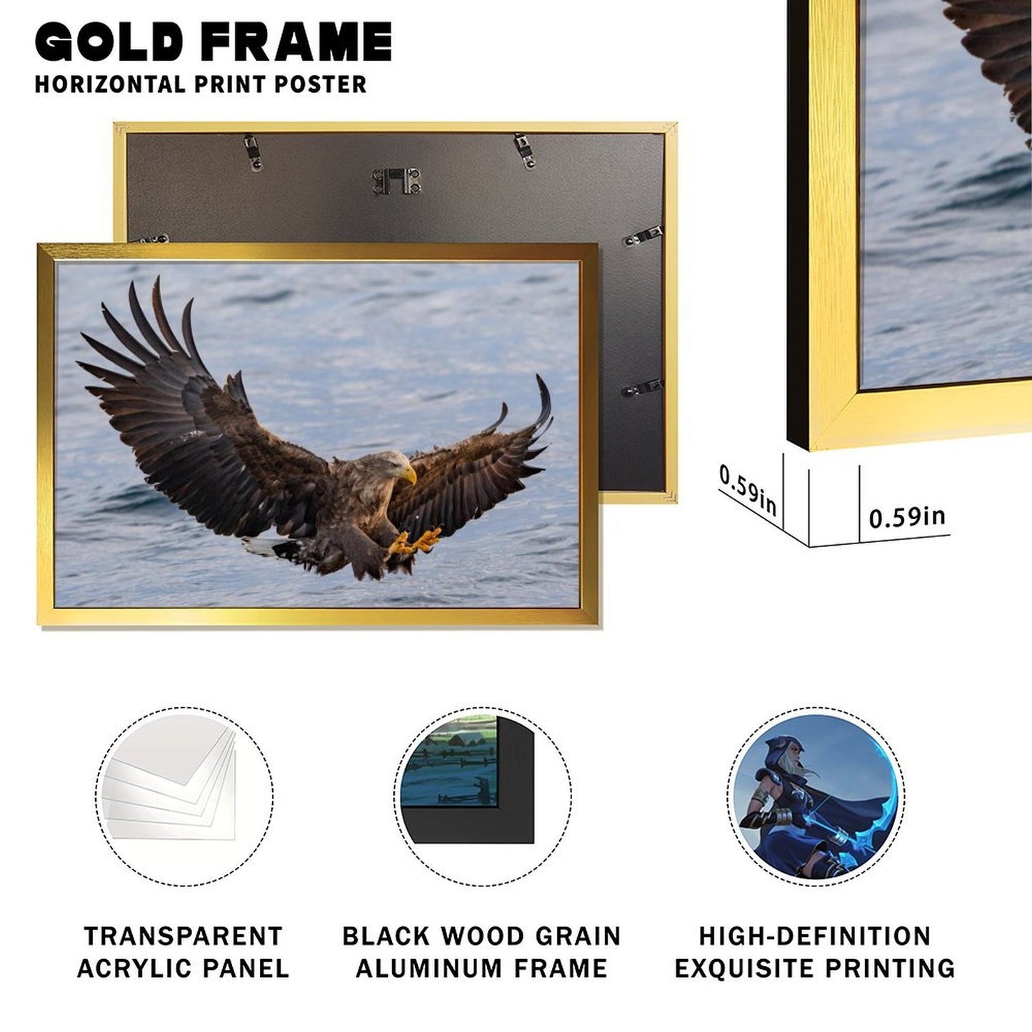 Golden Frame Eagle Wall Art – Majestic Bird Canvas Decor- 137