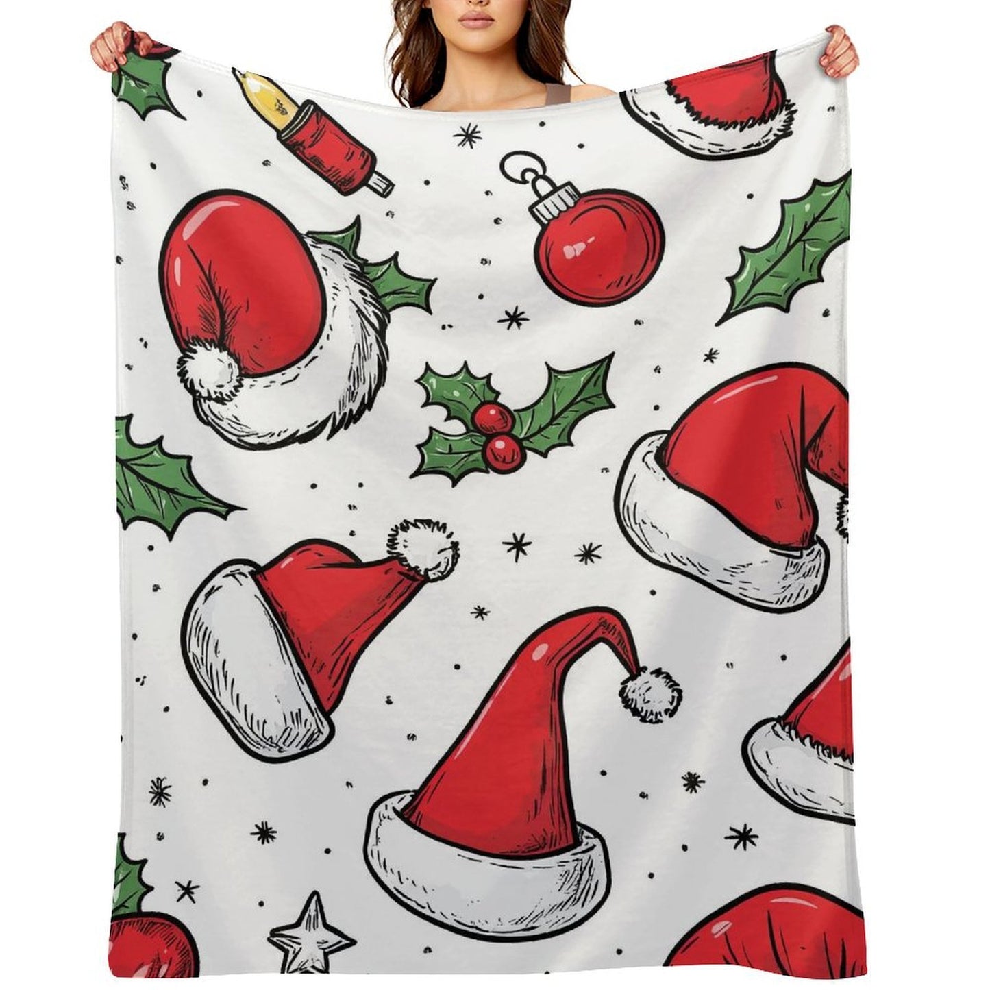 Santa Hat Pattern Anti-Pilling Flannel Blanket – Soft Cozy Christmas Throw