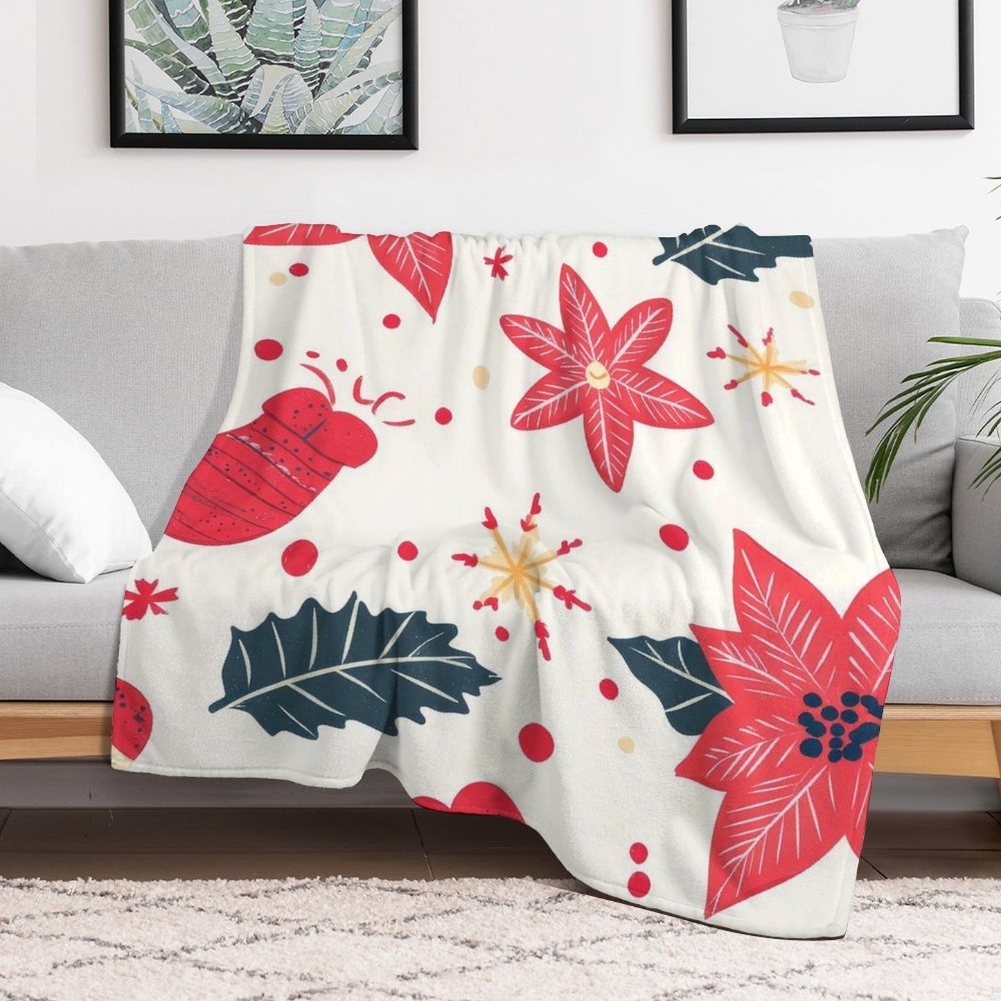 Soft Anti-Pilling Flannel Blanket with Red Christmas Flower Print